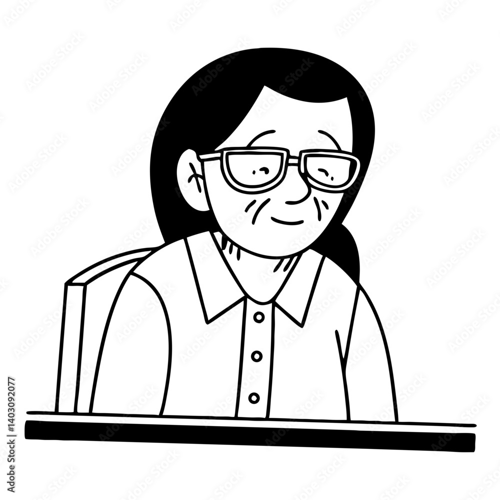Smiling Elderly Woman with Glasses Sitting at a Desk Vector Illustration for Coloring Books Smiling Elderly Woman with Glasses Sitting at a Desk Vector Illustration for Coloring Books