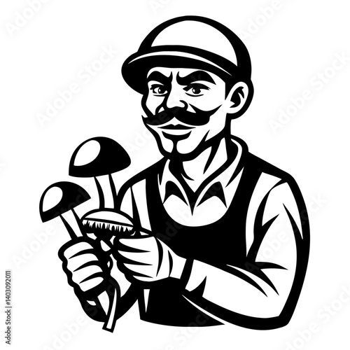 Mushroom Forager with Freshly Harvested Mushrooms Vintage Style Illustration