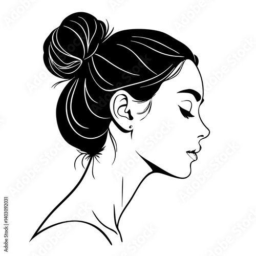 Elegant Profile Outline of a Woman with a Bun for Tattoo Design or Coloring Book