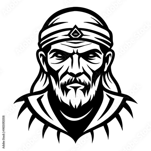 Elderly Warrior Online Gaming Character Illustration for Tattoos and Merchandise