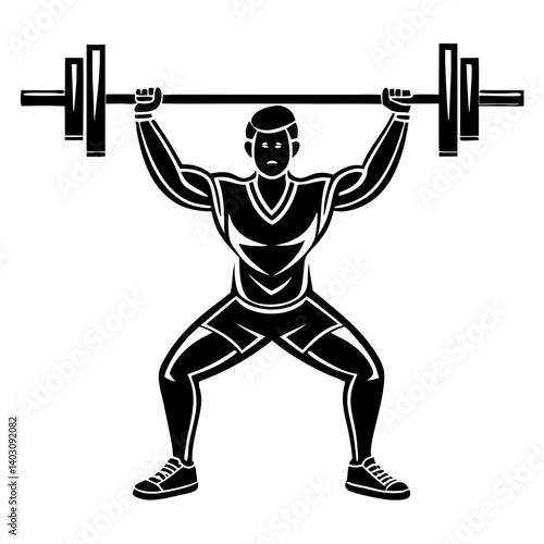Muscular Man Lifting Barbell in Strength Training Pose for Fitness and Workout Designs
