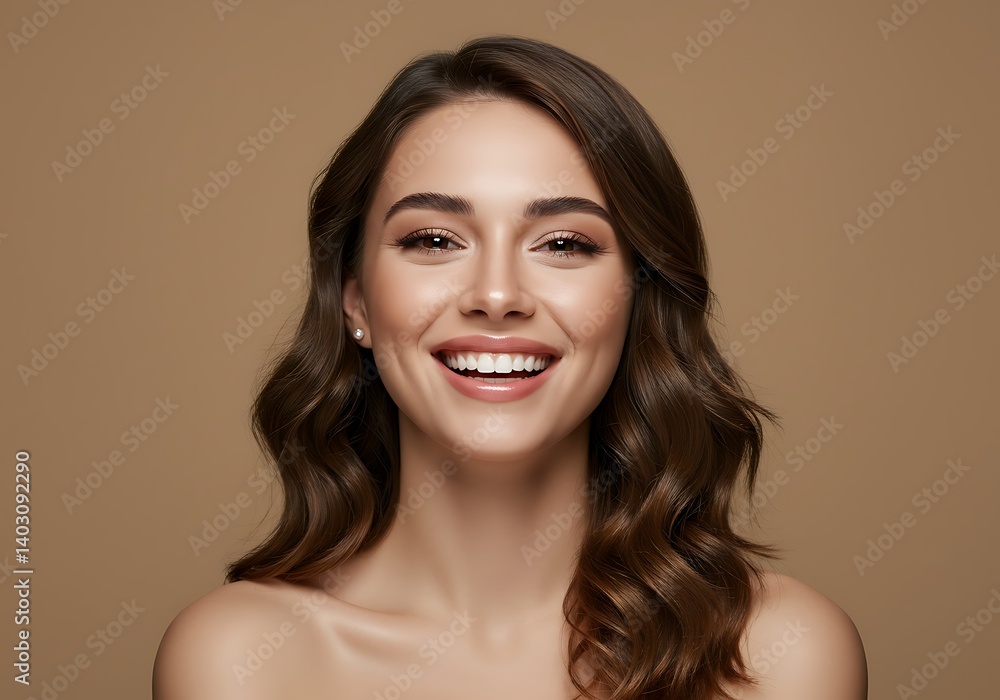 Radiant woman with a bright smile natural makeup wavy brown hair against a warm brown background Radiant woman with a bright smile natural makeup wavy brown hair against a warm brown background