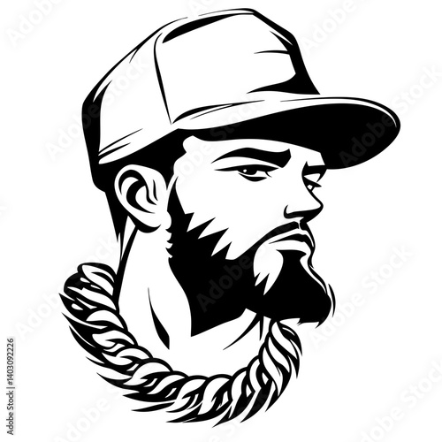 Stylizedic Male Rapper Portrait with Beanie and Rope Necklace for Urban Art and Tattoos