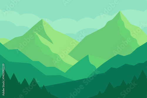 Mountain landscape vector illustration with morning fog, forest, and blue sky