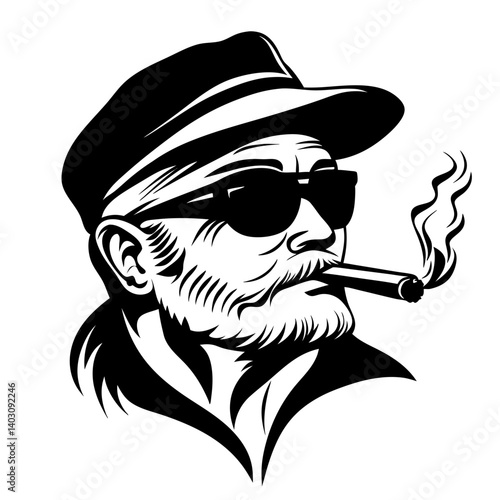 Vintage Male Portrait in Sunglasses with Cigarette Stylish Retro Design for Graphic Applications