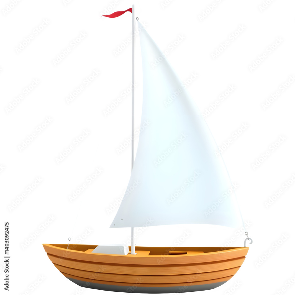A charming sailboat with a white sail and light brown hull, ready for adventure on the open water.