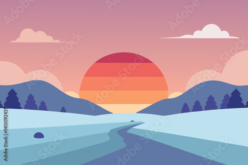 Winter mountain sunset with fog and clouds