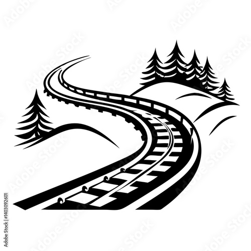 Winding Railway Tracks Through Scenic Pine Trees and Rolling Hills Landscape Design