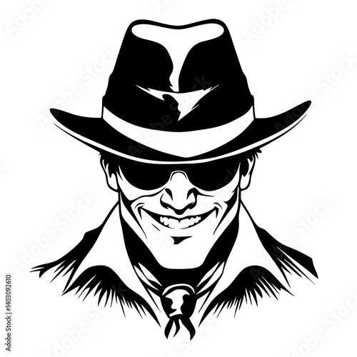 Mysterious Man in Hat and Sunglasses Vintage Style Monochrome Illustration