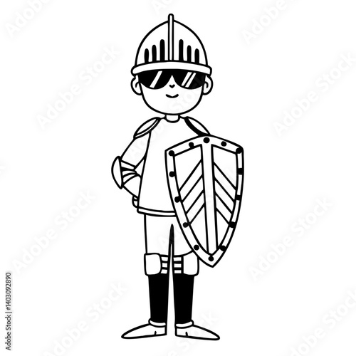 Cool Cartoon Knight Character with Shield and Helmet for Kids Coloring and Tattoo Design