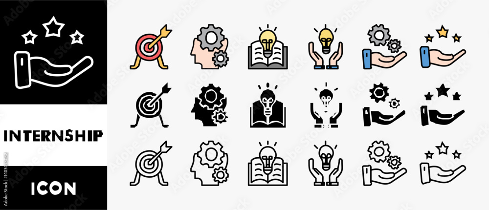 Obraz premium INTERNSHIP icon set with various styles and colors goal, skills, knowledge, mentoring, practice, opportunity, and training