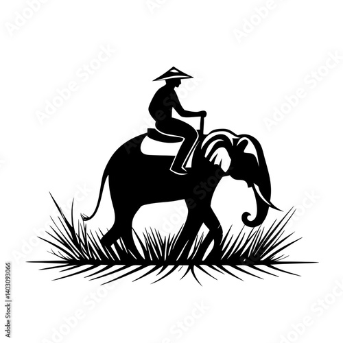 Elephant Ride with Handler in Traditional Hat Surrounded by Natural Grassland