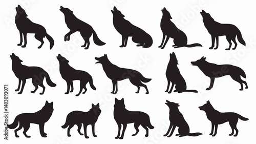 Silhouettes of wolves in various poses and movements. 