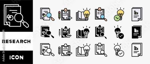 RESEARCH icon set with various styles and colors analysis, data, survey, development, fact, knowledge and data entry 
