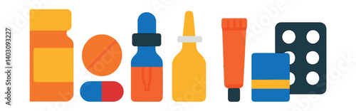 Set of medicine icons: bottle, pill, capsule, dropper, spray, tube, blister pack.