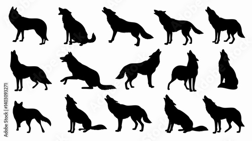 Silhouettes of wolves in various poses and movements. 