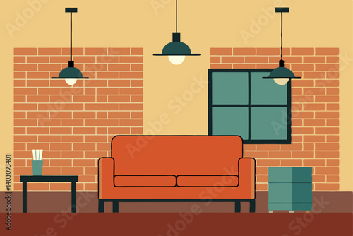 Modern living room interior with contemporary furniture, comfortable sofa, and a warm fireplace design