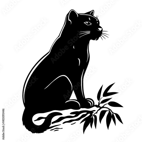 Elegant Black Panther Silhouette Sitting on a Branch with Leaves Ideal for Tattoo or Art Design
