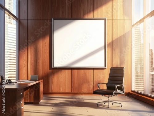 Modern executive office with large blank canvas