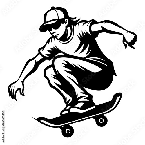 Dynamic Skateboarder Performing Trick in Mid-Air for Action Sports Graphics