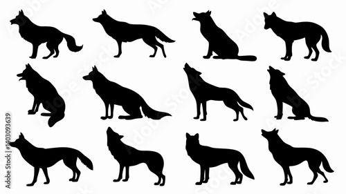 Silhouettes of wolves in various poses and movements. 