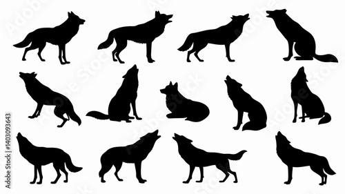 Silhouettes of wolves in various poses and movements. 