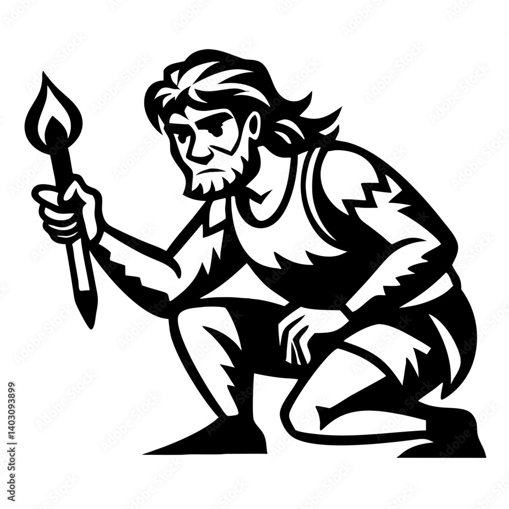 Fototapeta premium Strong Male Figure Holding Flame Torch in Athletic Pose Ideal for Tattoo and Illustration Designs