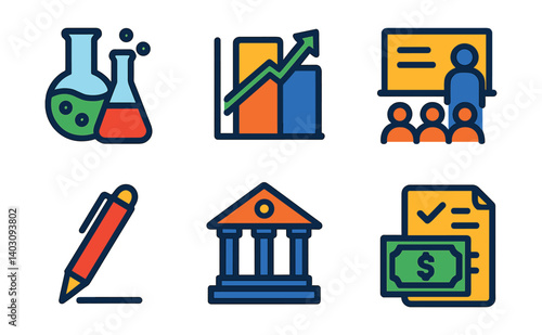 Set of six icons, including a pen, a bank, a building, a dollar bill, a graph