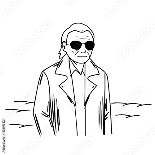 Cool Man in Sunglasses Wearing Long Coat Stand Out in Minimalist Design Ideal for Tattoo and Coloring Book