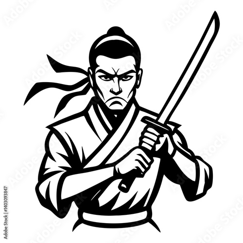 Samurai Warrior Holding Katana Sword Fierce Expression Traditional Japanese Design