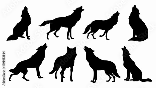 Silhouettes of wolves in various poses and movements. 