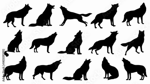 Silhouettes of wolves in various poses and movements. 