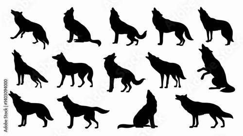 Silhouettes of wolves in various poses and movements. 