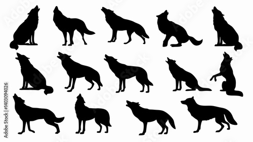 Silhouettes of wolves in various poses and movements. 