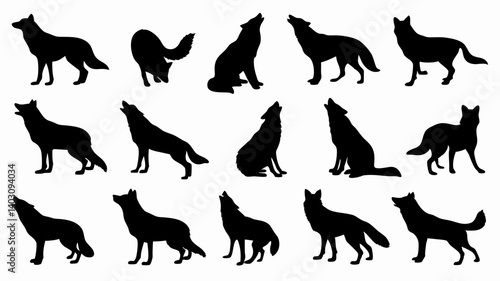 Silhouettes of wolves in various poses and movements. 