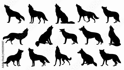 Silhouettes of wolves in various poses and movements. 