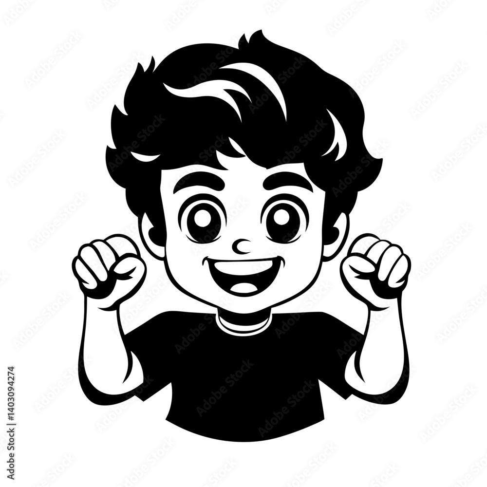 Cheerful Boy Celebrating with Raised Fists Vector Illustration for Kids Design Cheerful Boy Celebrating with Raised Fists Vector Illustration for Kids Design