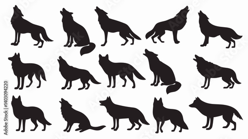 Silhouettes of wolves in various poses and movements. 