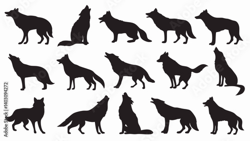 Silhouettes of wolves in various poses and movements. 