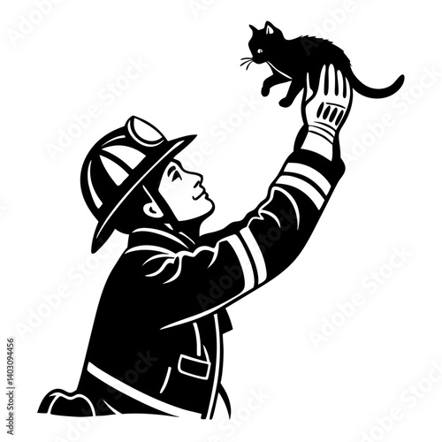 Brave Firefighter Rescuing Adorable Black Cat Silhouette for Tattoo or Coloring Book Design