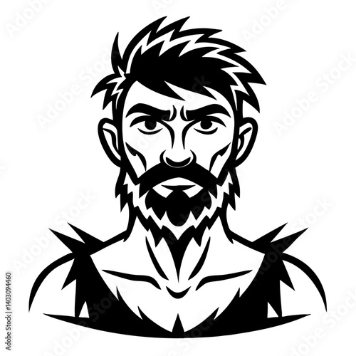 Bold Warrior Face Illustration with Beard and Spiky Hair for Tattoo Design and Merchandise