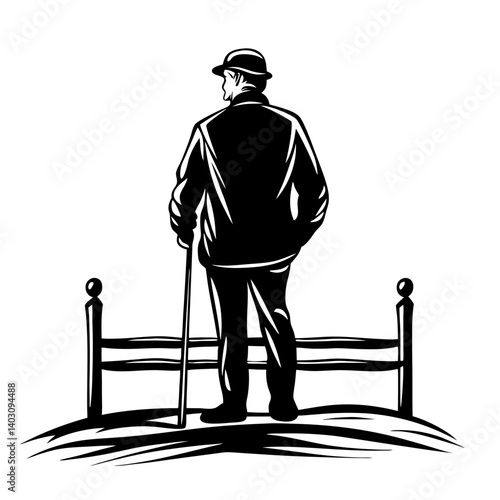 Elderly Man with Cane Standing by Fence Reflecting on Life Reminiscent Scene for Tattoos
