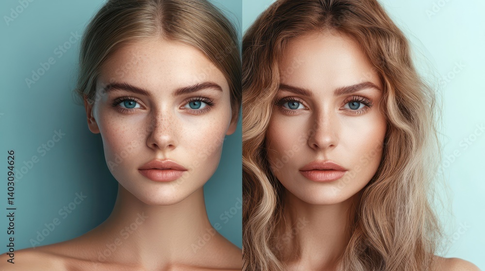 Two women, blonde hair, blue eyes, beauty comparison, studio background, skincare ad Two women, blonde hair, blue eyes, beauty comparison, studio background, skincare ad