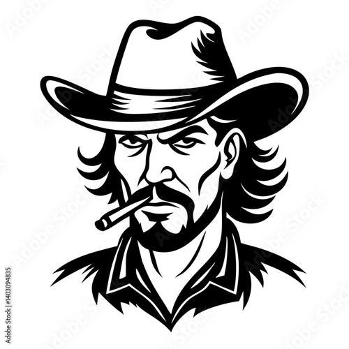 Rugged Cowboy Portrait with Hat and Cigarette Ideal for Tattoo and Vintage Design