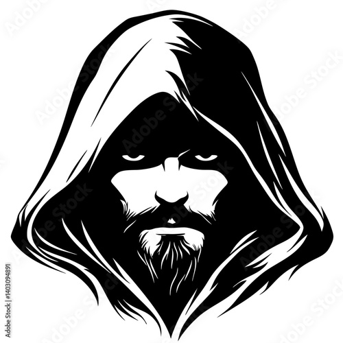 Mysterious Hooded Figure with Intense Expression Ideal for Tattoo Design and Graphic Art