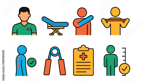 Set of icons: person, bench, stretching, lifting, posture, exercise band, clipboard, measurement.