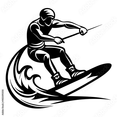 Dynamic Wakeboarder Riding Waves in an Energetic Action Pose for Sports Enthusiasts