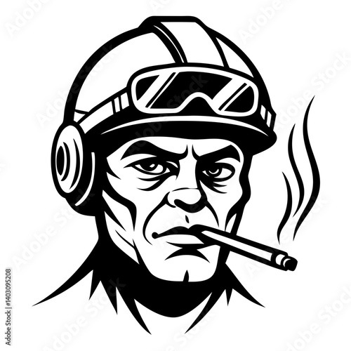 Detailed Vintage Aviator Portrait with Cigarette and Helmet for Tattoo Designs and Apparel