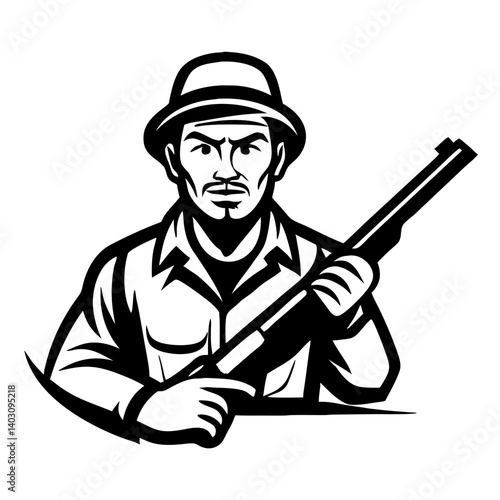 Determined Hunter Holding Shotgun Classic Hunting Vintage Illustration