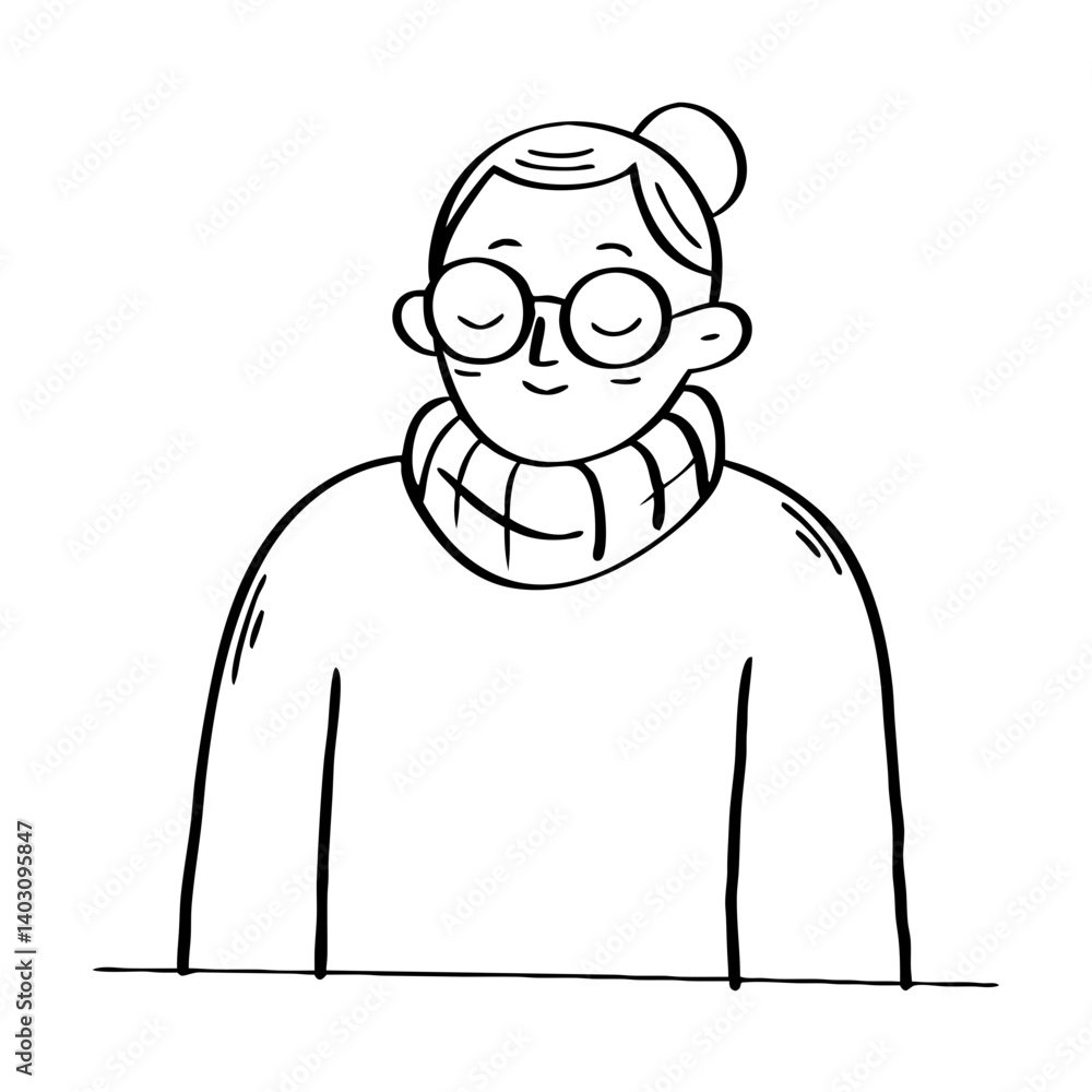 Charming Vector Illustration of a Smiling Woman with Glasses and Cozy Sweater Charming Vector Illustration of a Smiling Woman with Glasses and Cozy Sweater